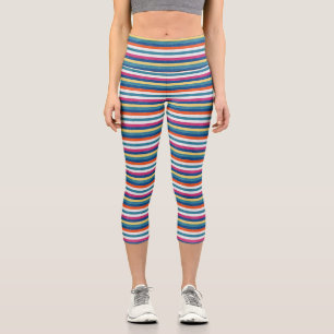 Blue Raspberry Orange Yellow White Stripes Pattern Capri Leggings
