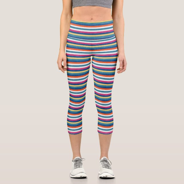 Blue Raspberry Orange Yellow White Stripes Pattern Capri Leggings (Front)