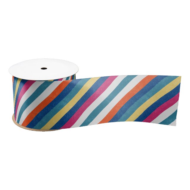 Blue Raspberry Orange Yellow White Stripes Pattern Satin Ribbon (Spool)