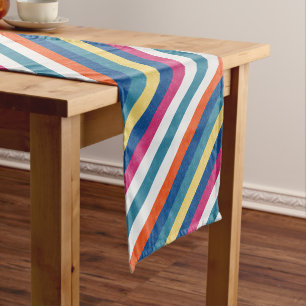 Blue Raspberry Orange Yellow White Stripes Pattern Short Table Runner