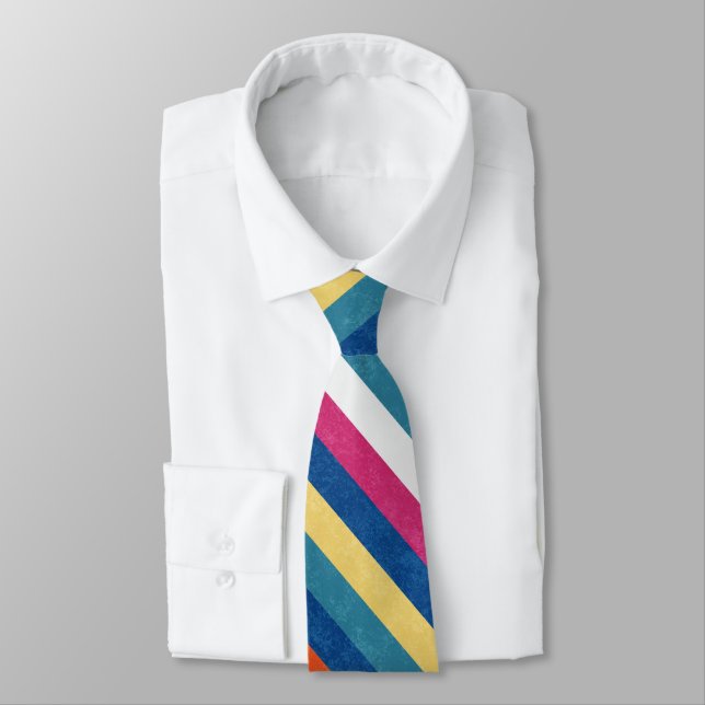 Blue Raspberry Orange Yellow White Stripes Pattern Tie (Tied)