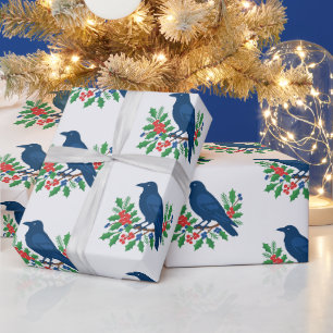 Blue Raven Holly Berries Woodland Christmas Wrapping Paper