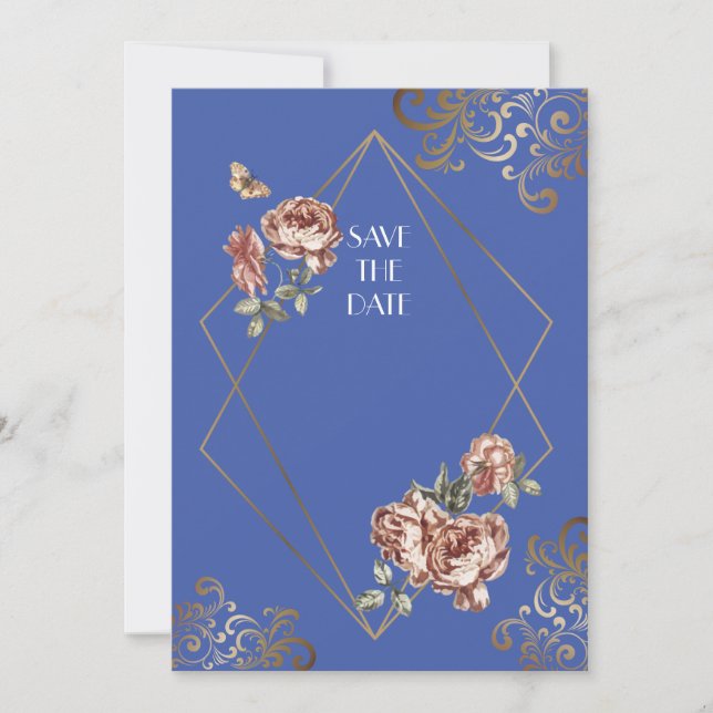 Blue Ray of Floral Save the Date Wedding Card (Front)