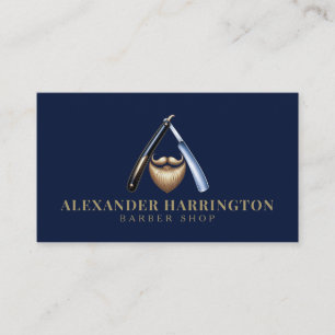 Blue Razor Golden Beard Logo Barber Shop Business Card