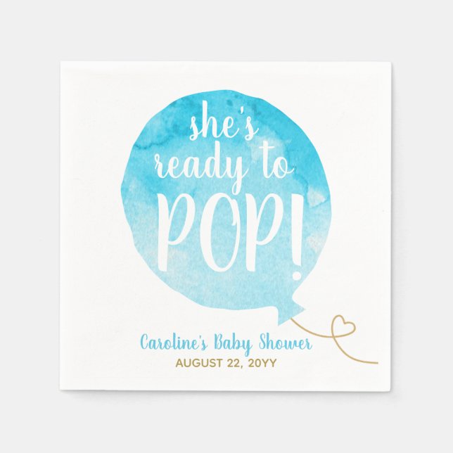 Blue Ready to Pop Balloon Baby Boy Shower Napkin (Front)
