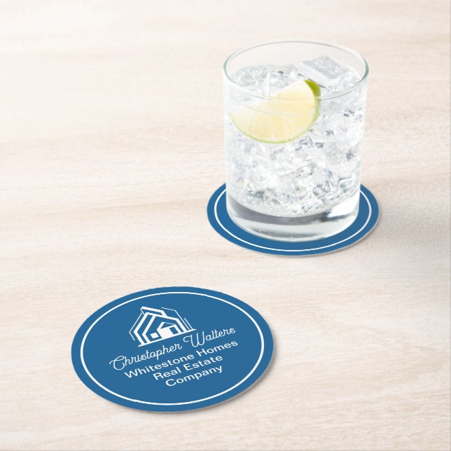 Blue Real Estate Company Custom Realtor Party Round Paper Coaster (Insitu)