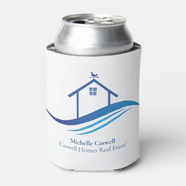 Blue Real Estate Company Home Modern Logo Custom Can Cooler (Can Front)