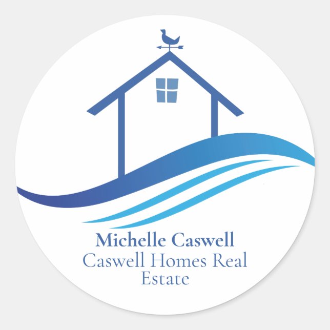 Blue Real Estate Company Home Modern Logo Custom Classic Round Sticker (Front)