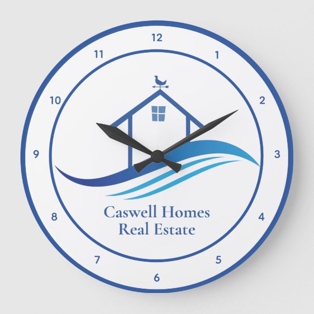 Blue Real Estate Company Home Modern Logo Custom Large Clock (Front)