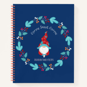 Blue Recipe Cookbook Holiday Gnome Floral Wreath Notebook