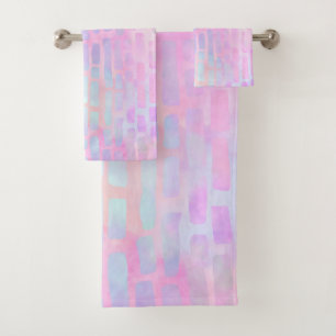 Blue Rectangle Shapes on Pink Background Bath Towel Set