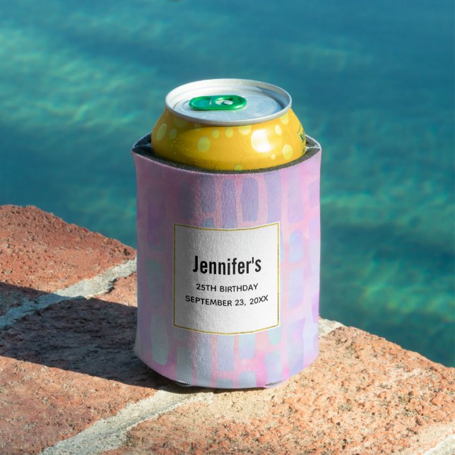 Blue Rectangle Shapes on Pink Background Birthday Can Cooler (In Situ Pool)