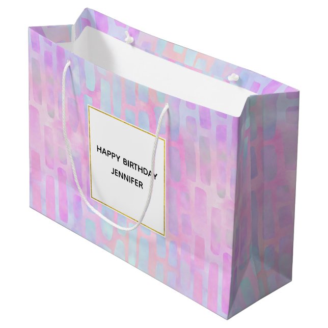Blue Rectangle Shapes on Pink Background Birthday Large Gift Bag (Front Angled)
