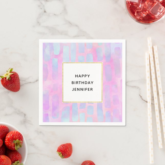Blue Rectangle Shapes on Pink Background Birthday Napkin (Insitu)