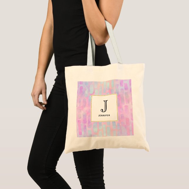 Blue Rectangle Shapes on Pink Background  Monogram Tote Bag (Front (Product))