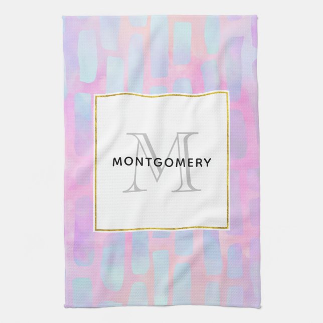 Blue Rectangle Shapes Pattern Monogram Tea Towel (Vertical)