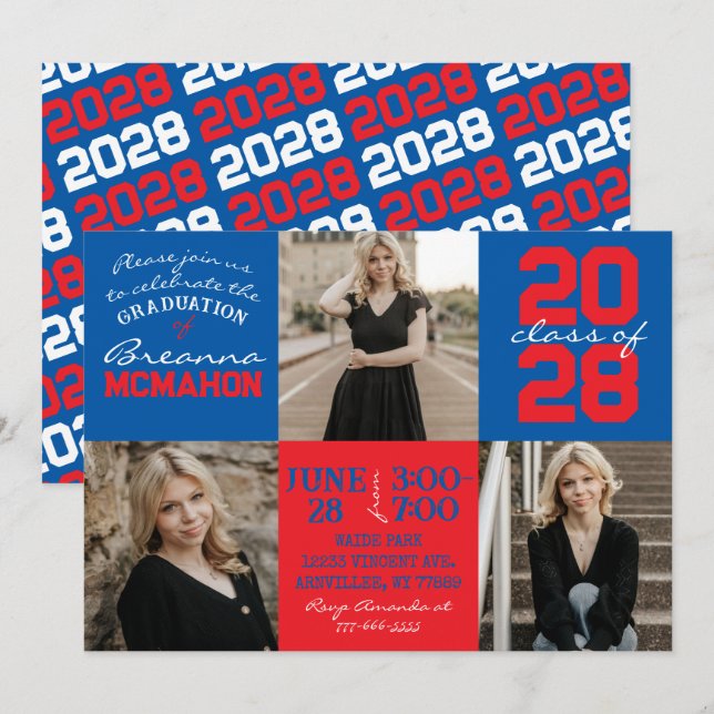 Blue & Red 3 Photo Graduation Invitation (Front/Back)