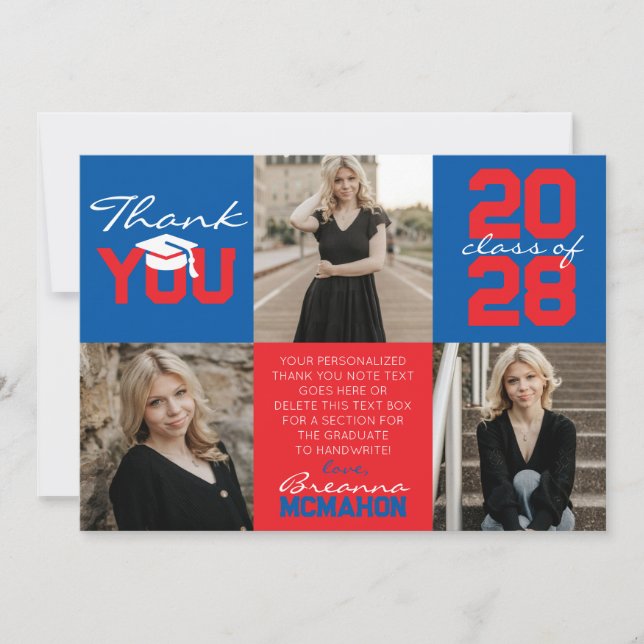 Blue & Red 3 Photo Graduation Thank You Invitation (Front)
