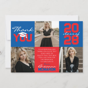 Blue & Red 3 Photo Graduation Thank You Invitation