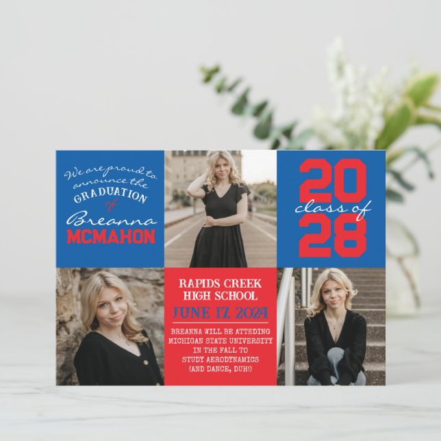 Blue & Red 4 Photo Graduation Announcement  (Standing Front)