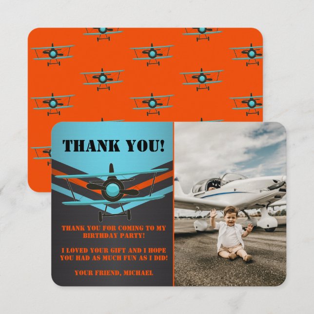 Blue, Red, Aeroplane Aviation Birthday Photo Thank You Card (Front/Back)