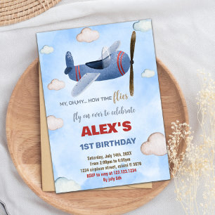 Blue Red Aeroplane Birthday Invitations