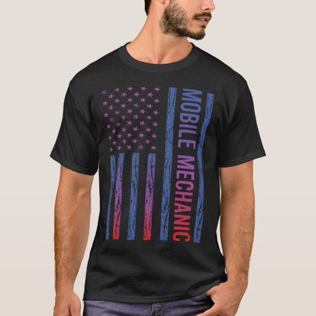 Blue Red American Flag Mobile Mechanic T-Shirt (Front)