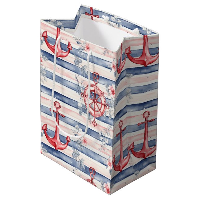 Blue Red Anchors Floral Stripes Beach Birthday Medium Gift Bag (Front Angled)