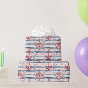 Blue Red Anchors Floral Stripes Beach Birthday Wrapping Paper