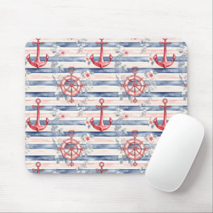 Blue Red Anchors Floral Stripes Beach Mouse Mat