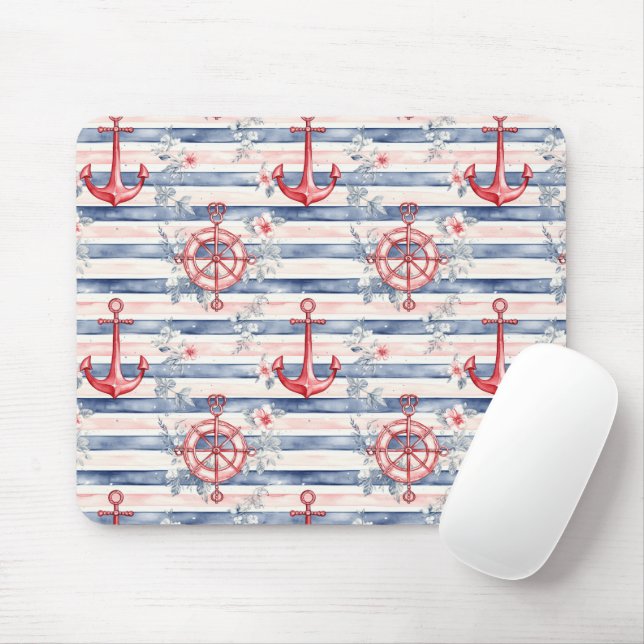 Blue Red Anchors Floral Stripes Beach  Mouse Mat (With Mouse)