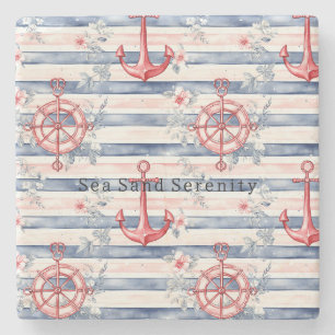 Blue Red Anchors Floral Stripes Beach Ocean Stone Coaster