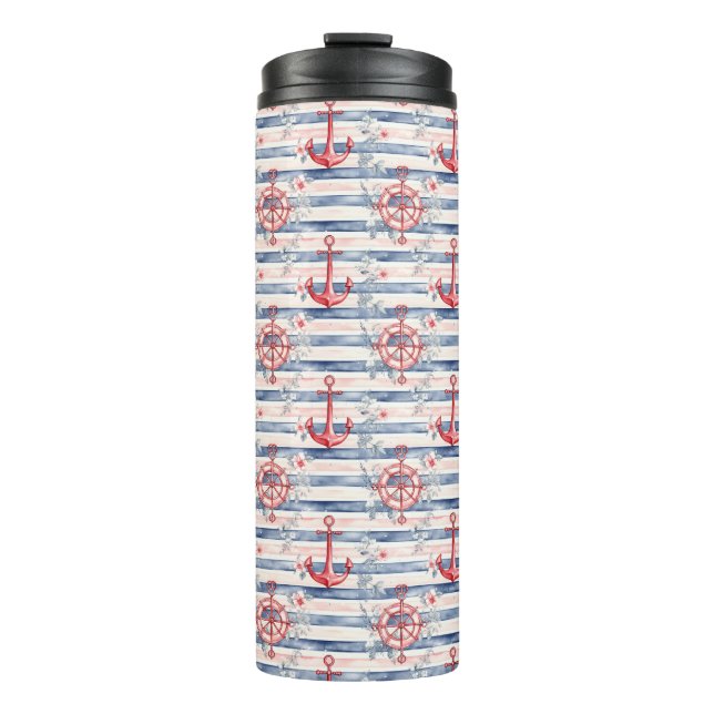 Blue Red Anchors Floral Stripes Beach  Thermal Tumbler (Front)