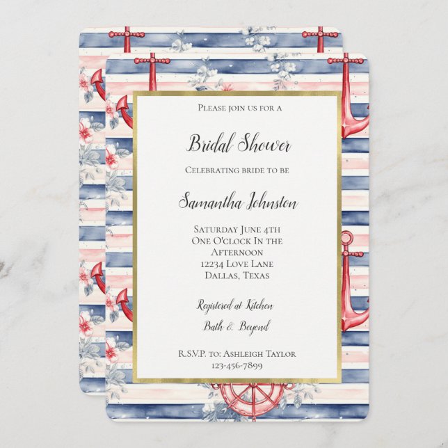 Blue Red Anchors Floral Stripes Bridal Shower Invitation (Front/Back)