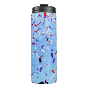 Blue, red, and black paper cutouts thermal tumbler