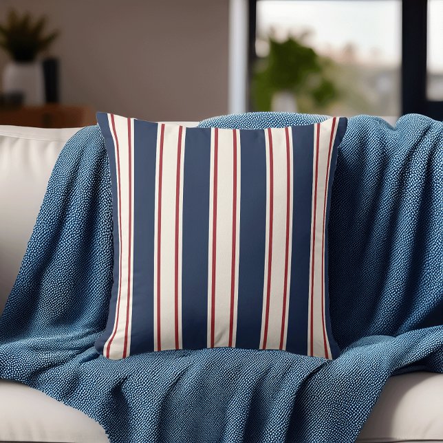 Blue, Red and Cream Vertical Cabana Stripe Cushion (Creator Uploaded)