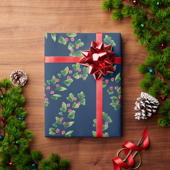 Blue Red and Green Berry Branches Wrapping Paper (Holiday Gift)