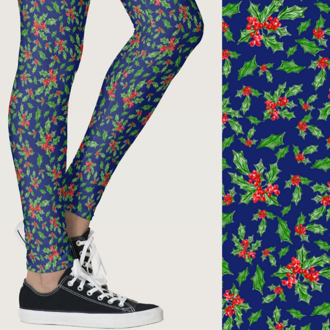 Blue, red, and green holly Christmas Patterned Leggings (Creator Uploaded)