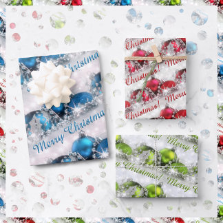 Blue Red and Green Merry Christmas Ornaments Wrapping Paper Sheet