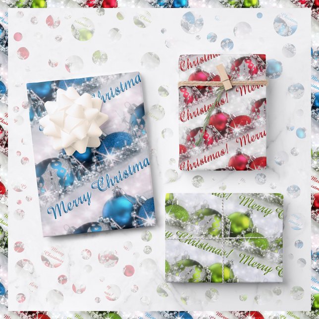 Blue Red and Green Merry Christmas Ornaments Wrapping Paper Sheet (Creator Uploaded)