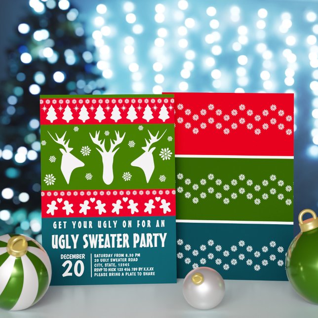 Blue Red and Green Reindeer Ugly Sweater Party Invitation (Blue Red and Green Reindeer Ugly Sweater Party Invitation)