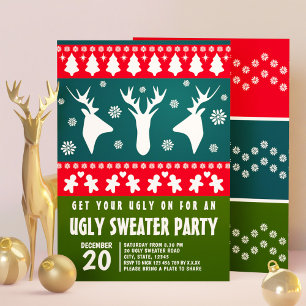 Blue Red and Green Reindeer Ugly Sweater Party Invitation
