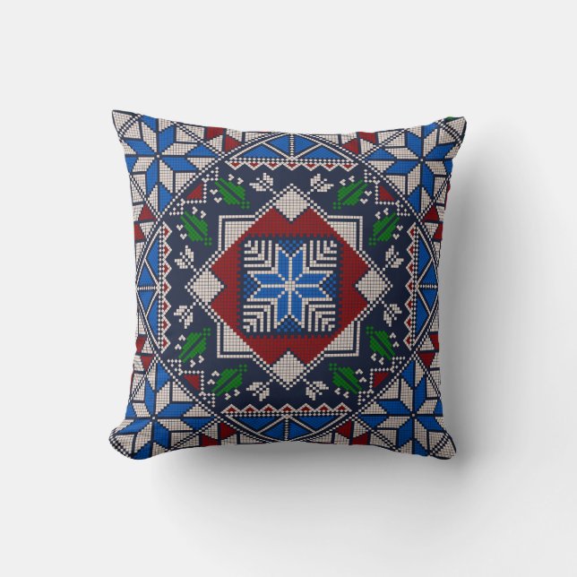 Blue,Red and Green Tatreez Pattern Cushion (Front)