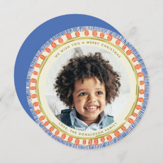 Blue Red and Green Watercolor Fringe Photo Circle Holiday Card