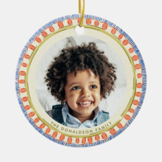 Blue Red and Green Watercolor Happy Fringe Photo Ceramic Tree Decoration