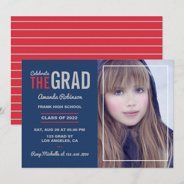 Blue, Red and Grey Graduation Party Invitation (Front/Back)