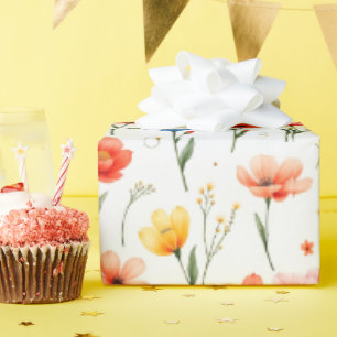 Blue Red and Pink Flowers Wrapping Paper