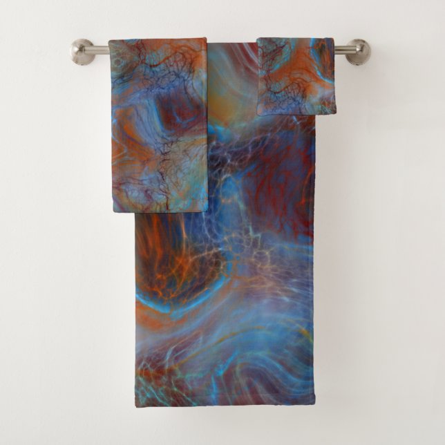 Blue, Red and Rust Marble abstract Bath Towel Set (Insitu)