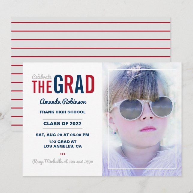 Blue, Red and Silver Graduation Party Invitation (Front/Back)