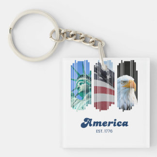 Blue Red and White Fragmented America Art  Key Ring